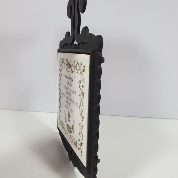 MCM Cast Metal Ceramic Tile Wall Plaque Trivet Vintage Apology Birds Flowers - Picture 6 of 14